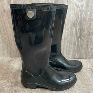 UGG Shaye Tall Rain Boot Black Patent Sheepskin Insole Size 6